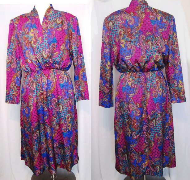 Vintage 1980s Paisley Secretary Dress - Deep V - Large XL - Office Dress