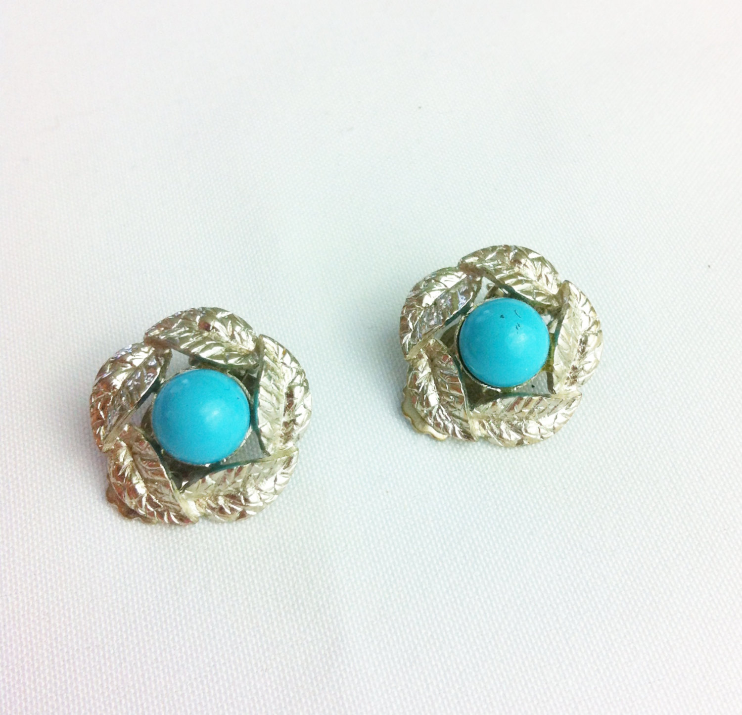 Vintage Silver Leaf Clip On Earrings with Turquoise Bead - Robin's Egg ...